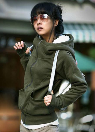 Korean Stylish Fleece Inside Hooded Coat With Pockets Army Green ...